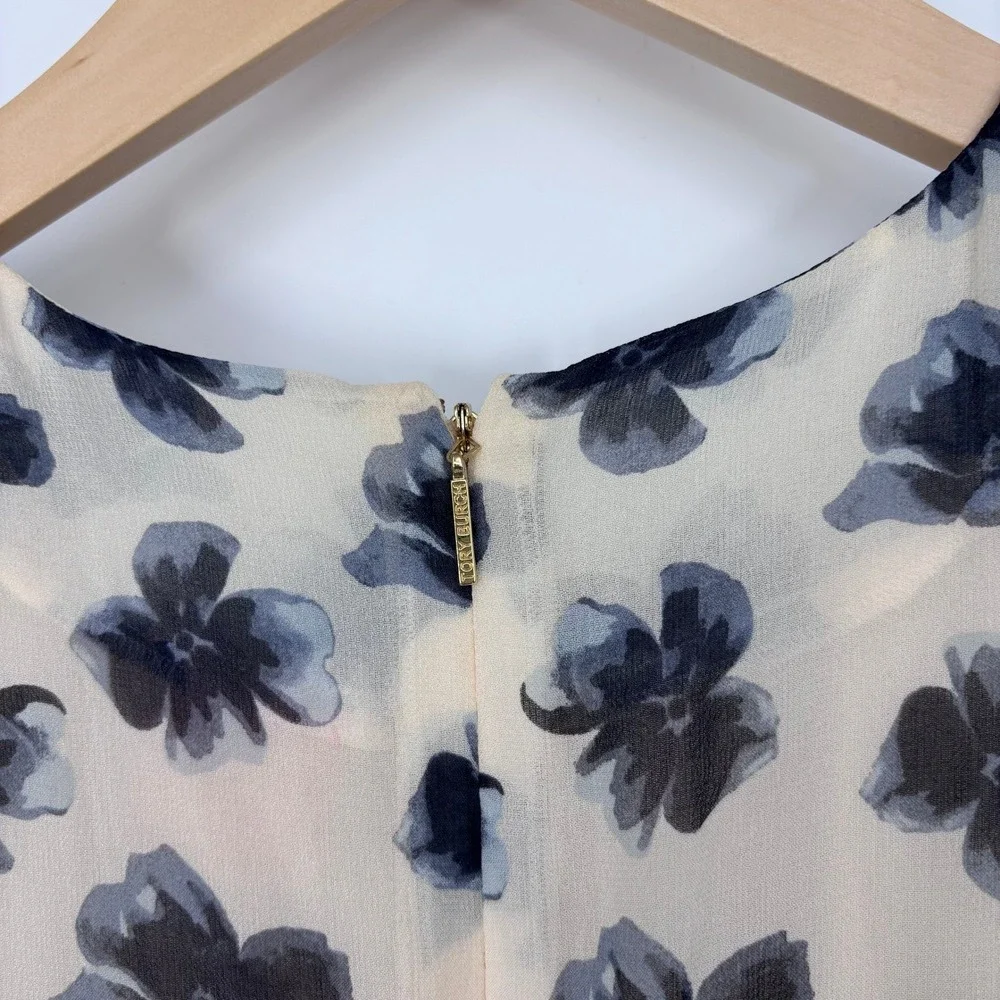 Tory Burch Cecilia Floral Pleated Dress Sz 2 Blue Cream A-Line Bow‎ Neck Chiffon